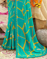 Vishal Prints Dark Turquoise Blue Printed Georgette Saree With Fancy Border