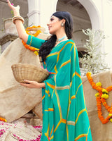 Vishal Prints Dark Turquoise Blue Printed Georgette Saree With Fancy Border
