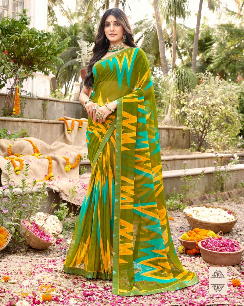Vishal Prints Dark Olive Green Printed Georgette Saree With Fancy Border