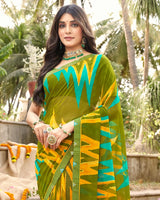 Vishal Prints Dark Olive Green Printed Georgette Saree With Fancy Border
