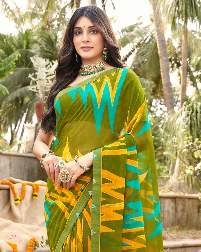 Vishal Prints Dark Olive Green Printed Georgette Saree With Fancy Border