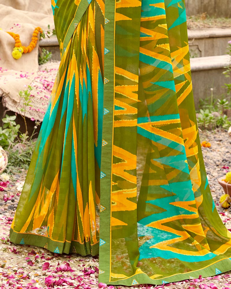 Vishal Prints Dark Olive Green Printed Georgette Saree With Fancy Border