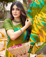 Vishal Prints Dark Olive Green Printed Georgette Saree With Fancy Border