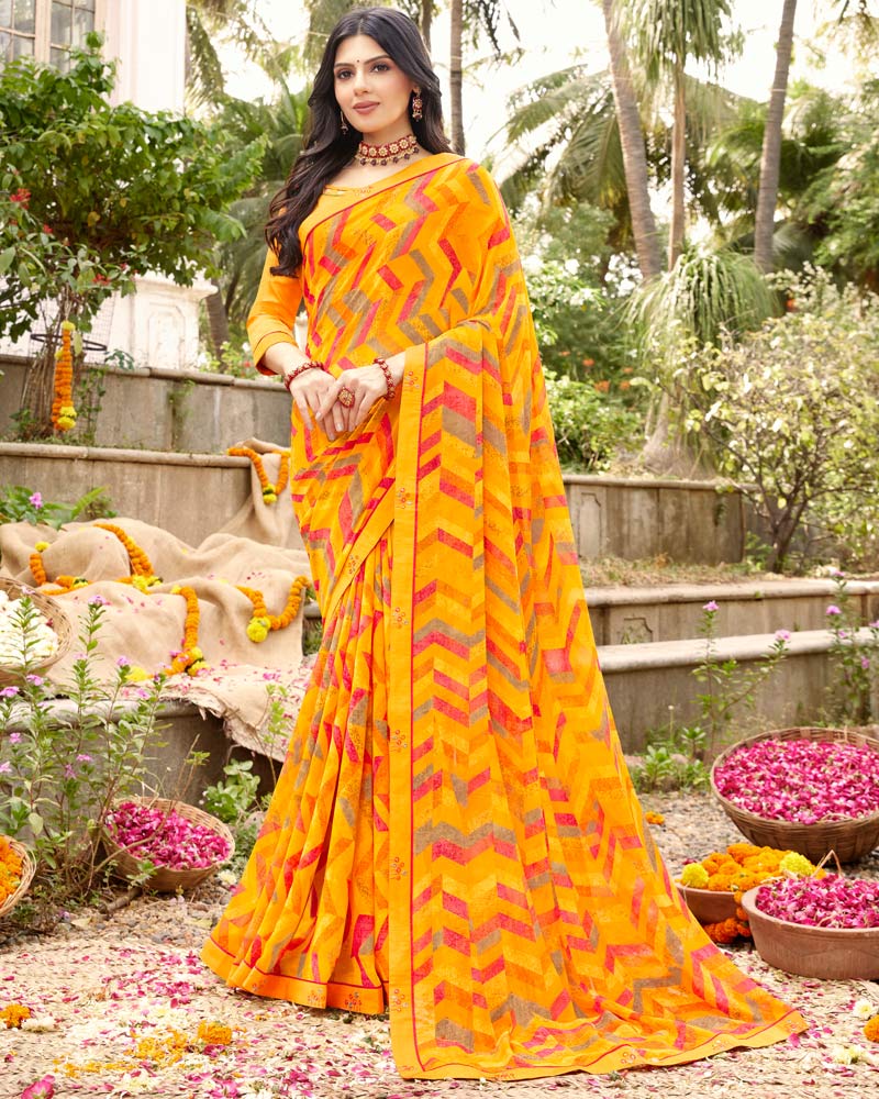 Vishal Prints Dark Yellow Printed Georgette Saree With Fancy Border