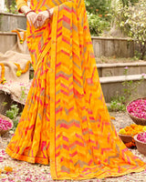 Vishal Prints Dark Yellow Printed Georgette Saree With Fancy Border