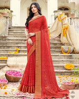 Vishal Prints Dark Red Printed Georgette Saree With Fancy Border