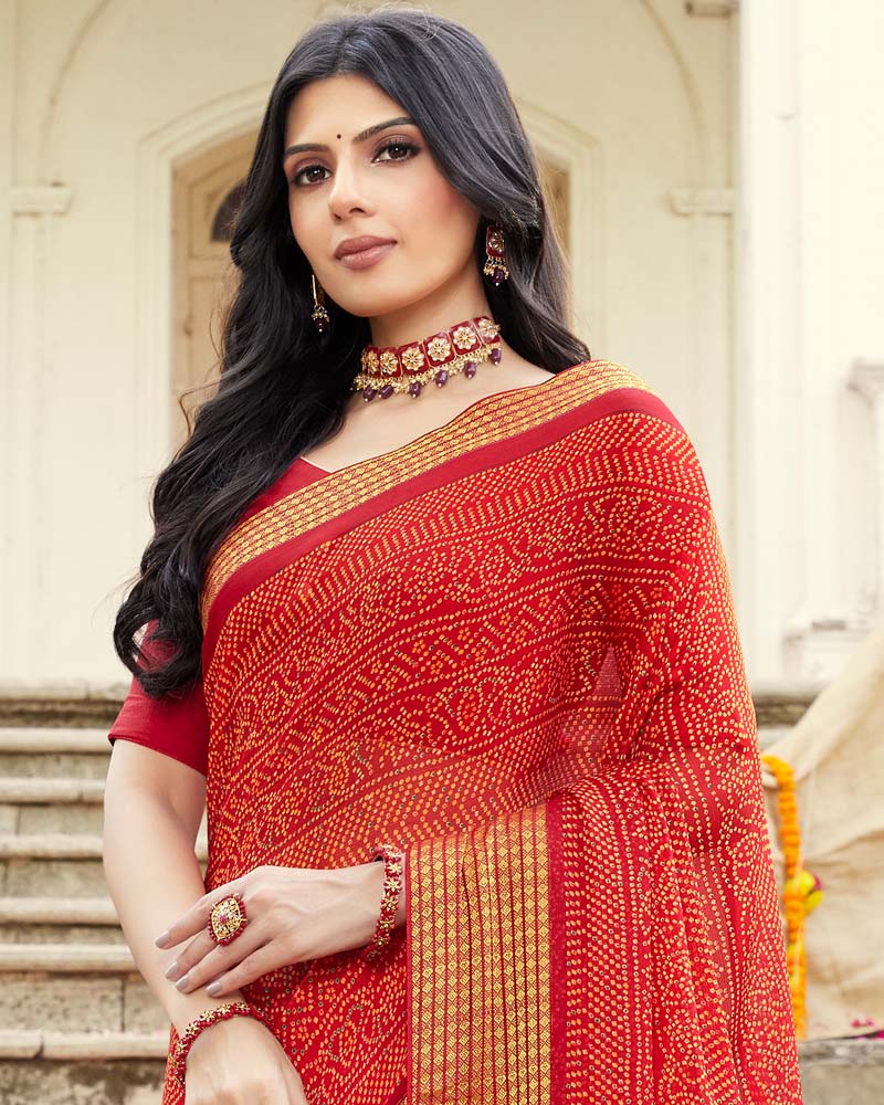 Vishal Prints Dark Red Printed Georgette Saree With Fancy Border
