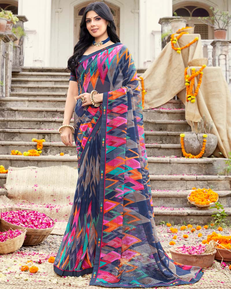 Vishal Prints Ink Blue Printed Georgette Saree With Fancy Border