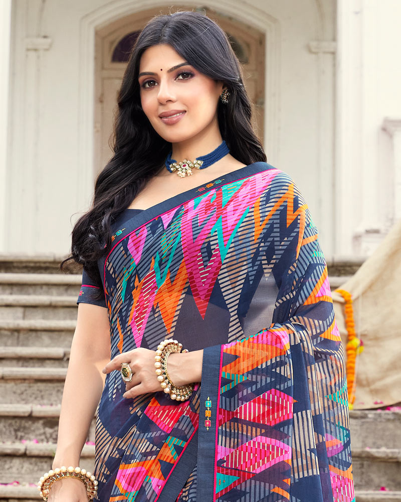 Vishal Prints Ink Blue Printed Georgette Saree With Fancy Border