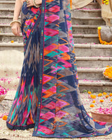 Vishal Prints Ink Blue Printed Georgette Saree With Fancy Border