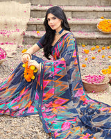 Vishal Prints Ink Blue Printed Georgette Saree With Fancy Border