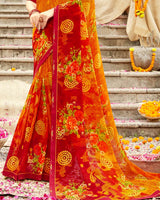 Vishal Prints Cherry Red Printed Georgette Saree With Fancy Border