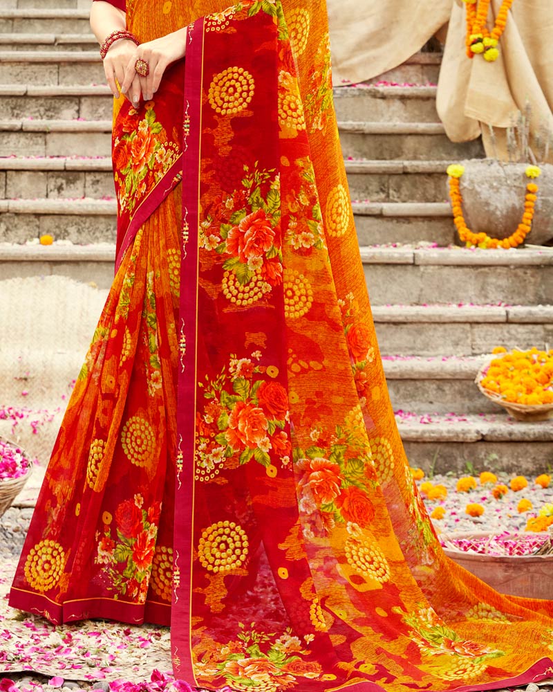 Vishal Prints Cherry Red Printed Georgette Saree With Fancy Border