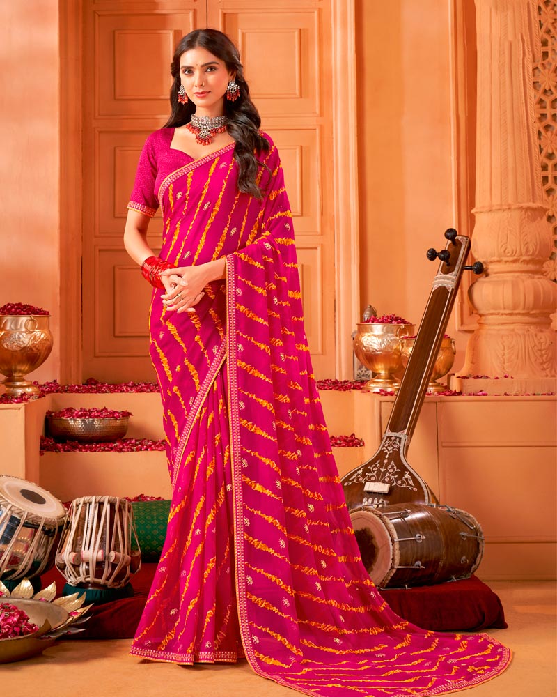 Vishal Prints Purple Red Printed Georgette Saree With Foil Print And Fancy Border