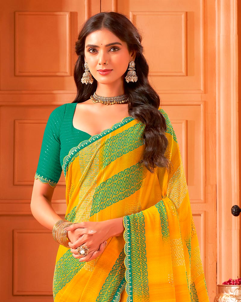 Vishal Prints Yellowish Orange Printed Georgette Saree With Foil Print And Cut Work Border