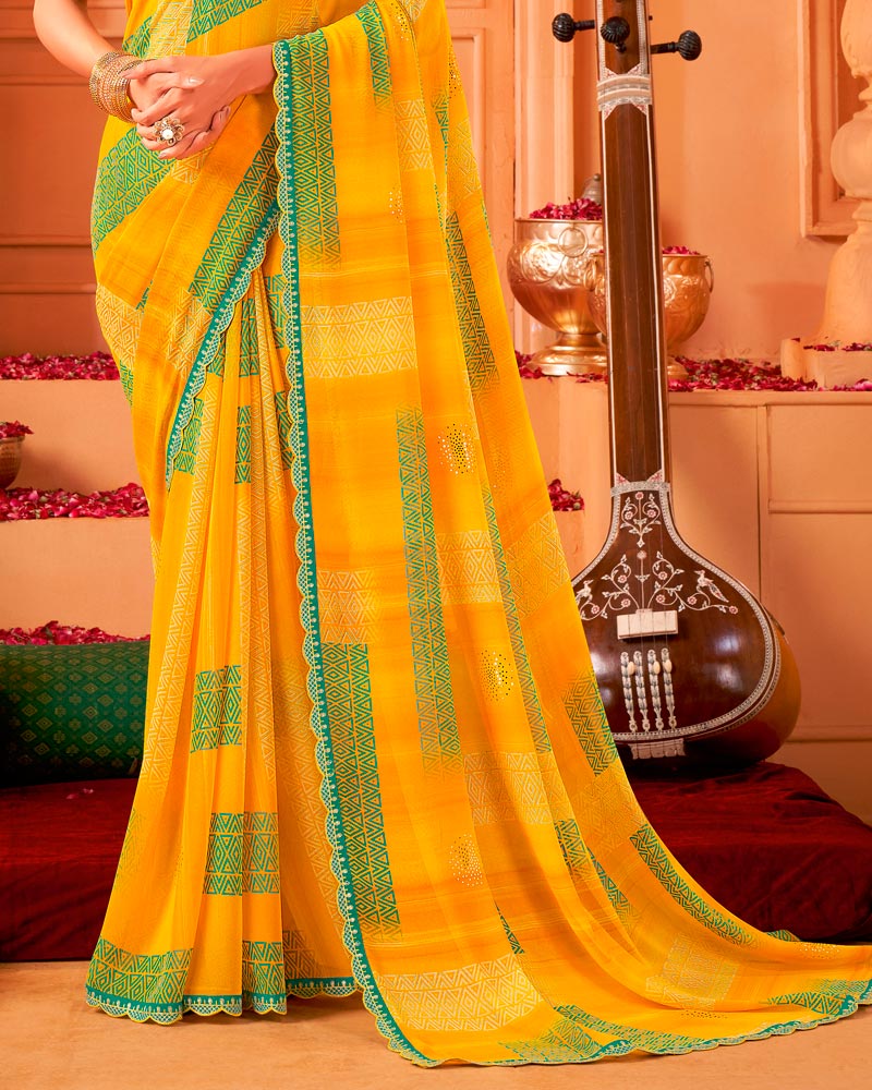 Vishal Prints Yellowish Orange Printed Georgette Saree With Foil Print And Cut Work Border