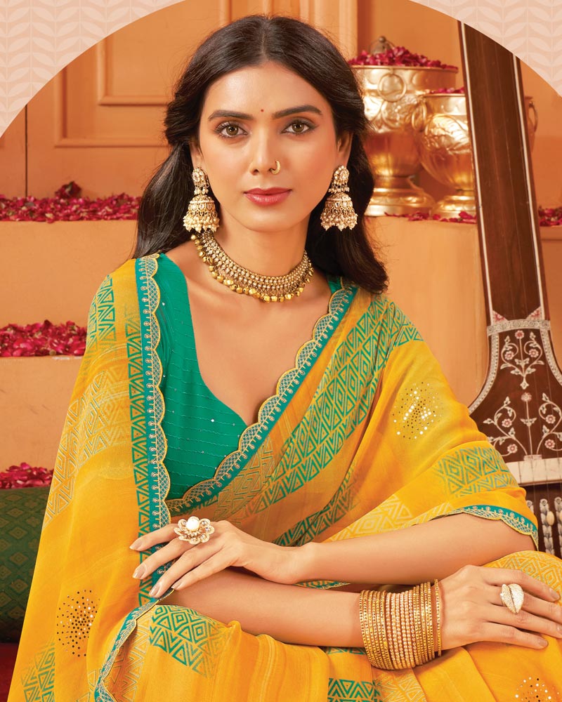 Vishal Prints Yellowish Orange Printed Georgette Saree With Foil Print And Cut Work Border