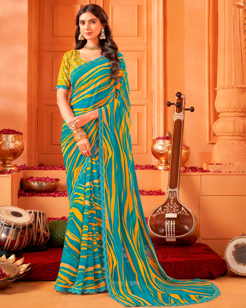 Vishal Prints Aqua Blue Printed Georgette Saree With Foil Print And Cut Work Border