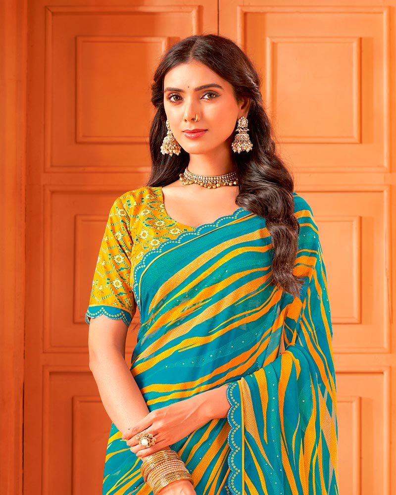 Vishal Prints Aqua Blue Printed Georgette Saree With Foil Print And Cut Work Border