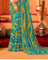 Vishal Prints Aqua Blue Printed Georgette Saree With Foil Print And Cut Work Border