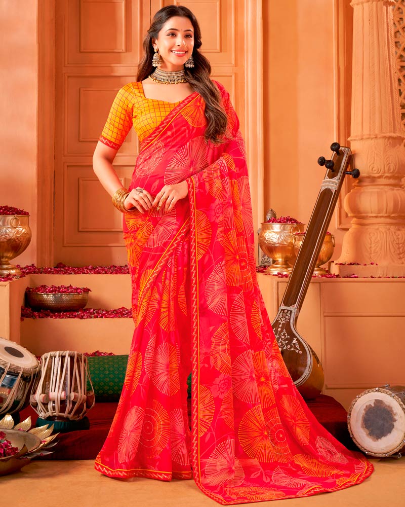 Vishal Prints Pinkish Red Printed Georgette Saree With Foil Print And Fancy Border