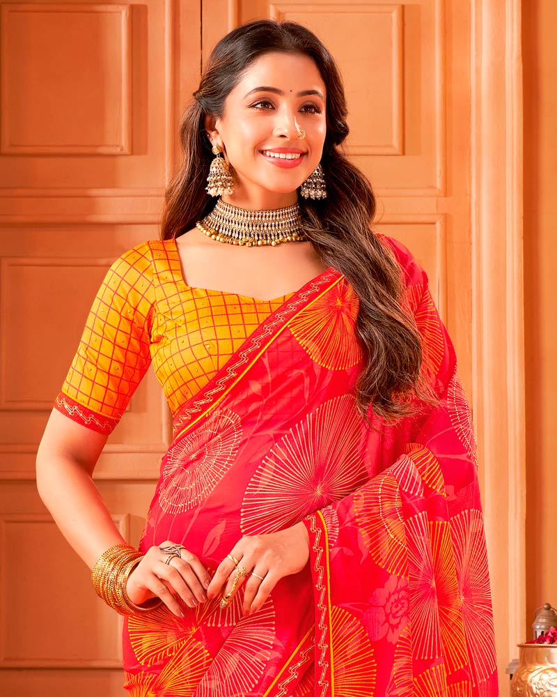 Vishal Prints Pinkish Red Printed Georgette Saree With Foil Print And Fancy Border