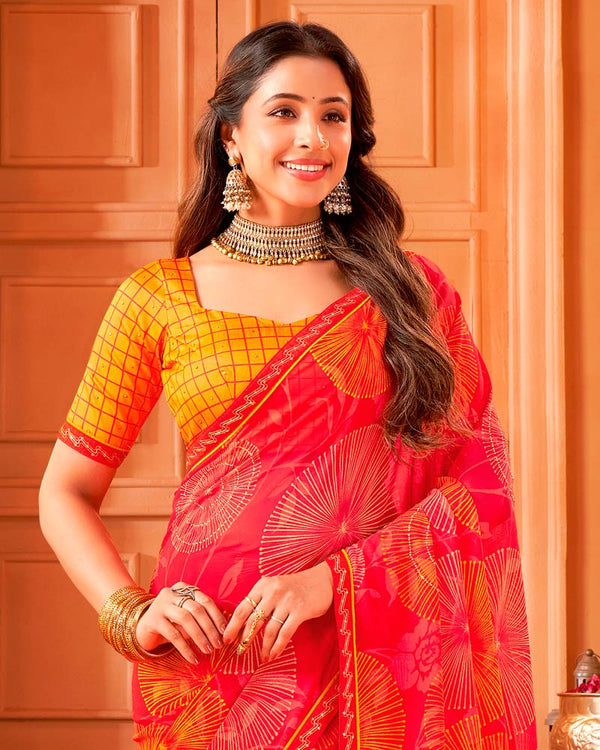 Vishal Prints Pinkish Red Printed Georgette Saree With Foil Print And Fancy Border