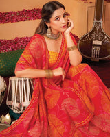 Vishal Prints Pinkish Red Printed Georgette Saree With Foil Print And Fancy Border