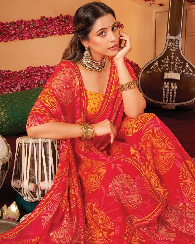 Vishal Prints Pinkish Red Printed Georgette Saree With Foil Print And Fancy Border