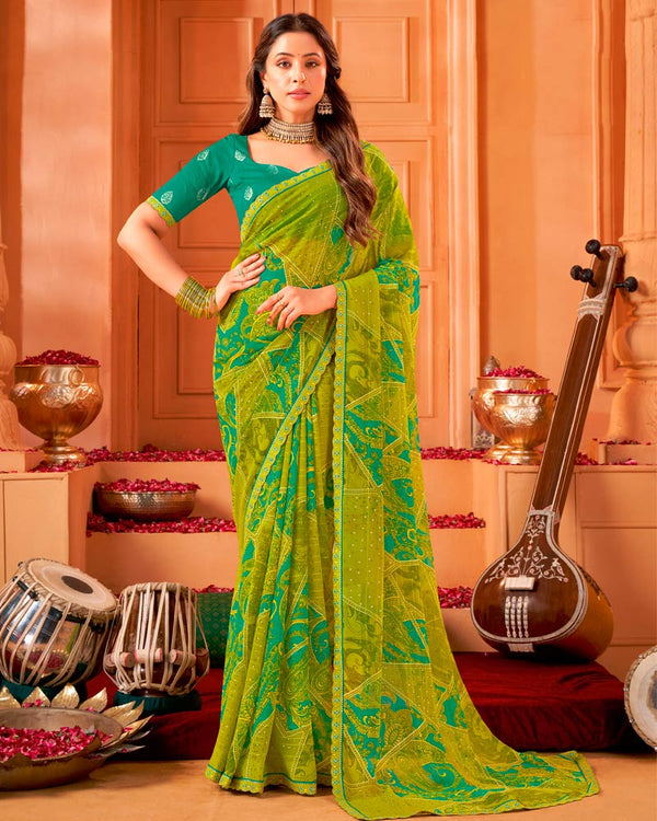 Vishal Prints Olive Green Printed Georgette Saree With Foil Print And Cut Work Border
