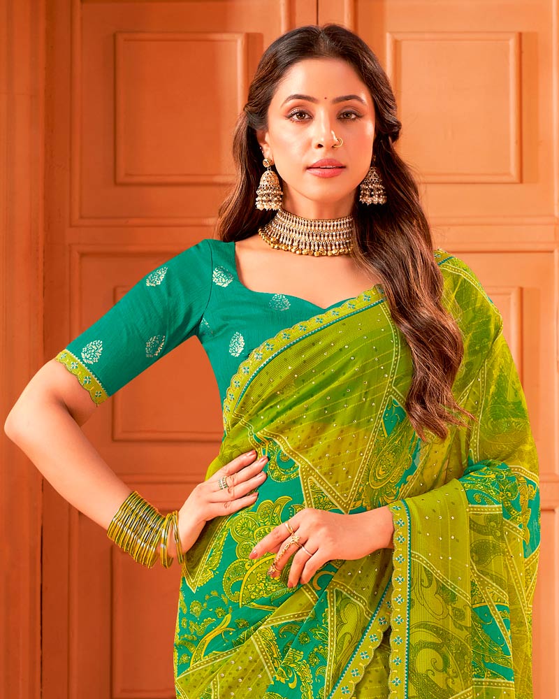 Vishal Prints Olive Green Printed Georgette Saree With Foil Print And Cut Work Border