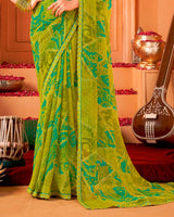 Vishal Prints Olive Green Printed Georgette Saree With Foil Print And Cut Work Border