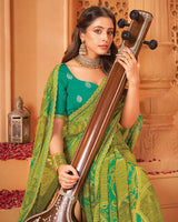 Vishal Prints Olive Green Printed Georgette Saree With Foil Print And Cut Work Border