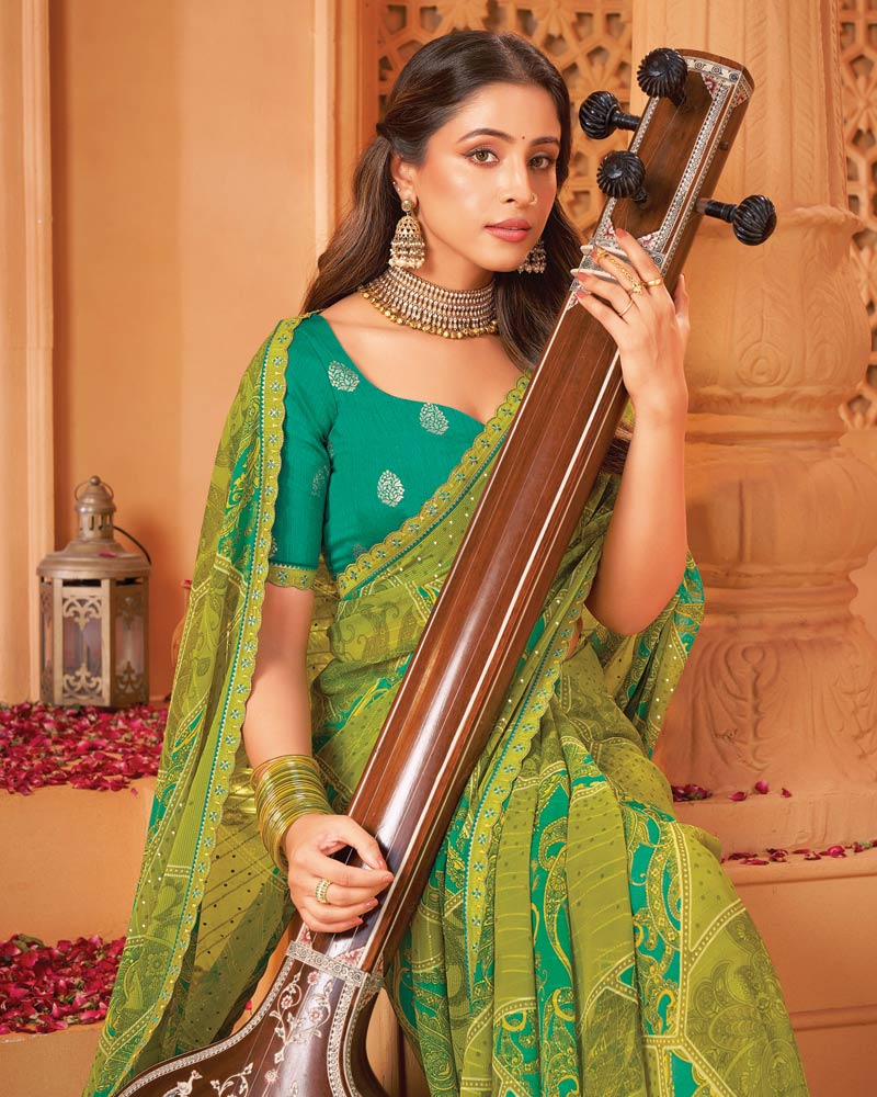 Vishal Prints Olive Green Printed Georgette Saree With Foil Print And Cut Work Border