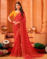 Vishal Prints Milano Red Printed Georgette Traditional Print Saree With Foil Print And Fancy Border