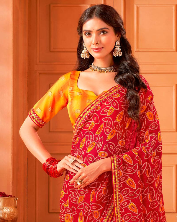 Vishal Prints Milano Red Printed Georgette Traditional Print Saree With Foil Print And Fancy Border