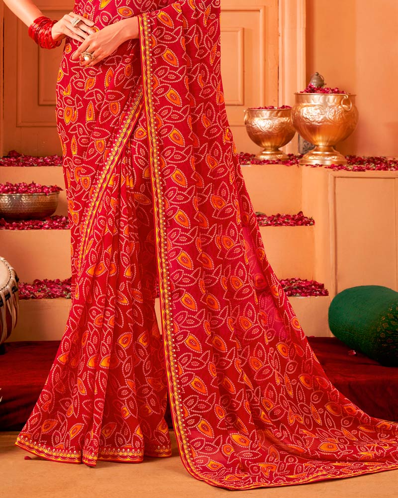 Vishal Prints Milano Red Printed Georgette Traditional Print Saree With Foil Print And Fancy Border