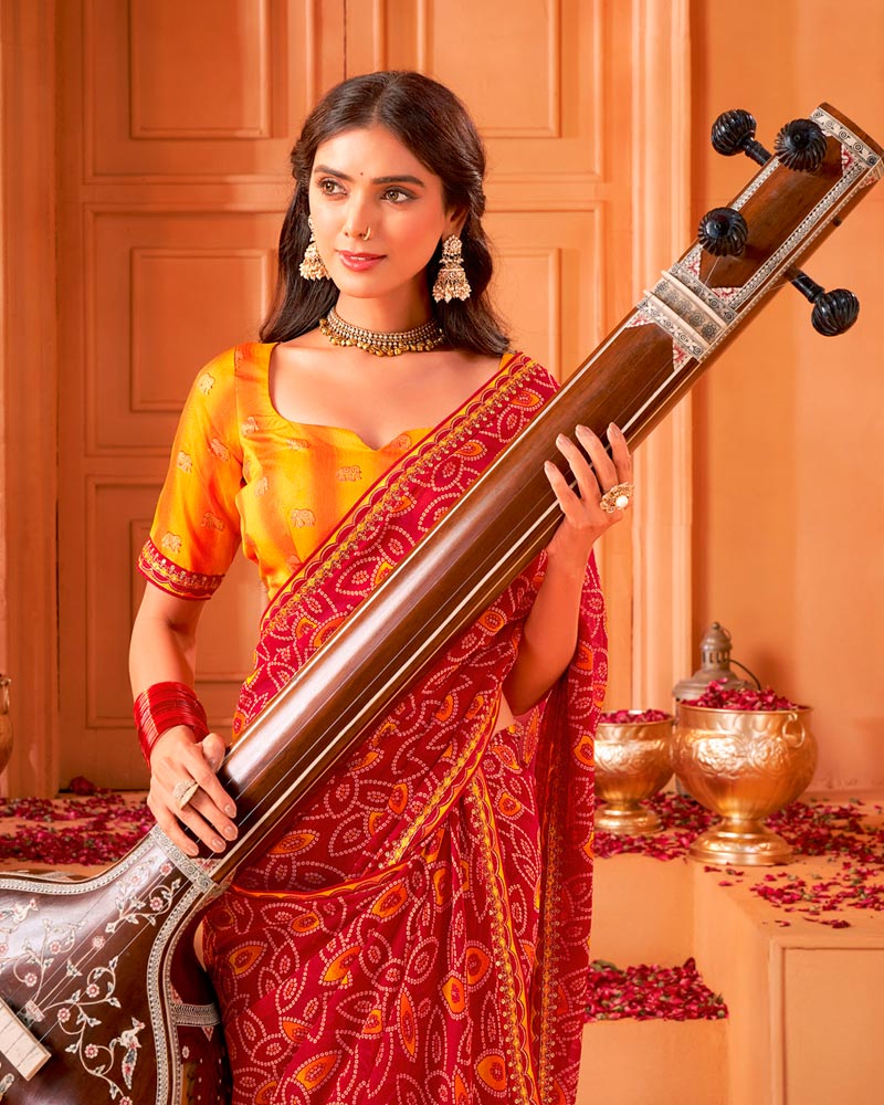 Vishal Prints Milano Red Printed Georgette Traditional Print Saree With Foil Print And Fancy Border