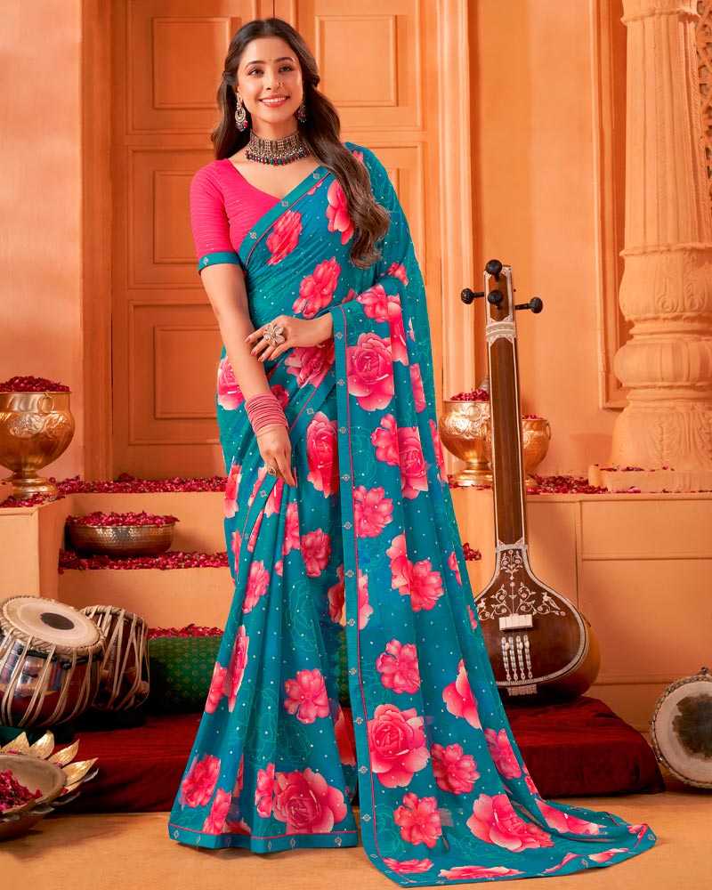Vishal Prints Ocean Blue Printed Georgette Saree With Foil Print And Fancy Border