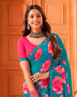 Vishal Prints Ocean Blue Printed Georgette Saree With Foil Print And Fancy Border