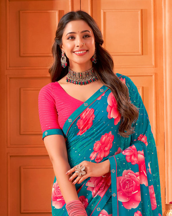 Vishal Prints Ocean Blue Printed Georgette Saree With Foil Print And Fancy Border