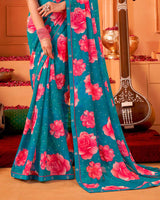 Vishal Prints Ocean Blue Printed Georgette Saree With Foil Print And Fancy Border