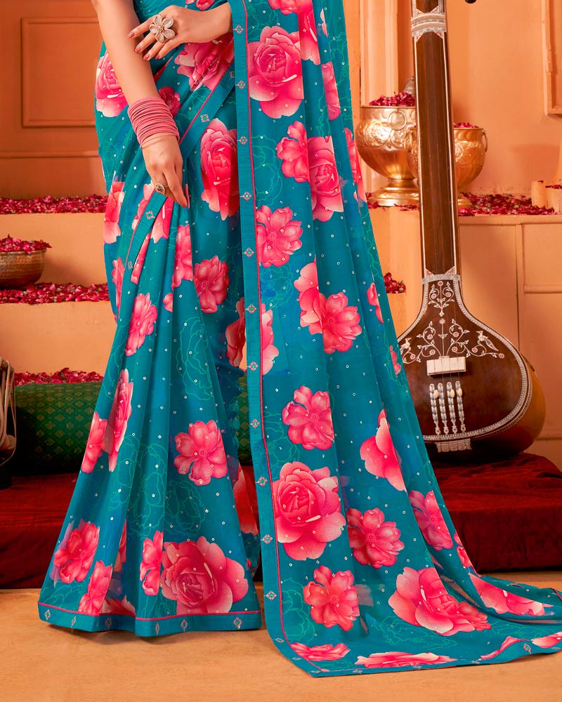Vishal Prints Ocean Blue Printed Georgette Saree With Foil Print And Fancy Border