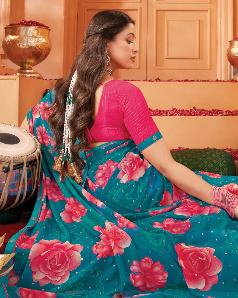 Vishal Prints Ocean Blue Printed Georgette Saree With Foil Print And Fancy Border