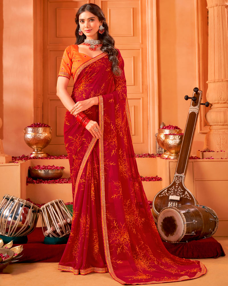 Vishal Prints Dark Paprika Red Printed Georgette Saree With Foil Print And Fancy Border