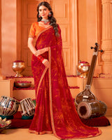 Vishal Prints Dark Paprika Red Printed Georgette Saree With Foil Print And Fancy Border