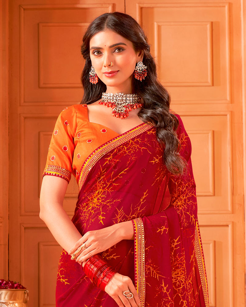 Vishal Prints Dark Paprika Red Printed Georgette Saree With Foil Print And Fancy Border