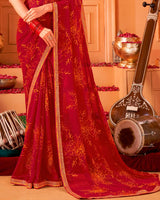Vishal Prints Dark Paprika Red Printed Georgette Saree With Foil Print And Fancy Border