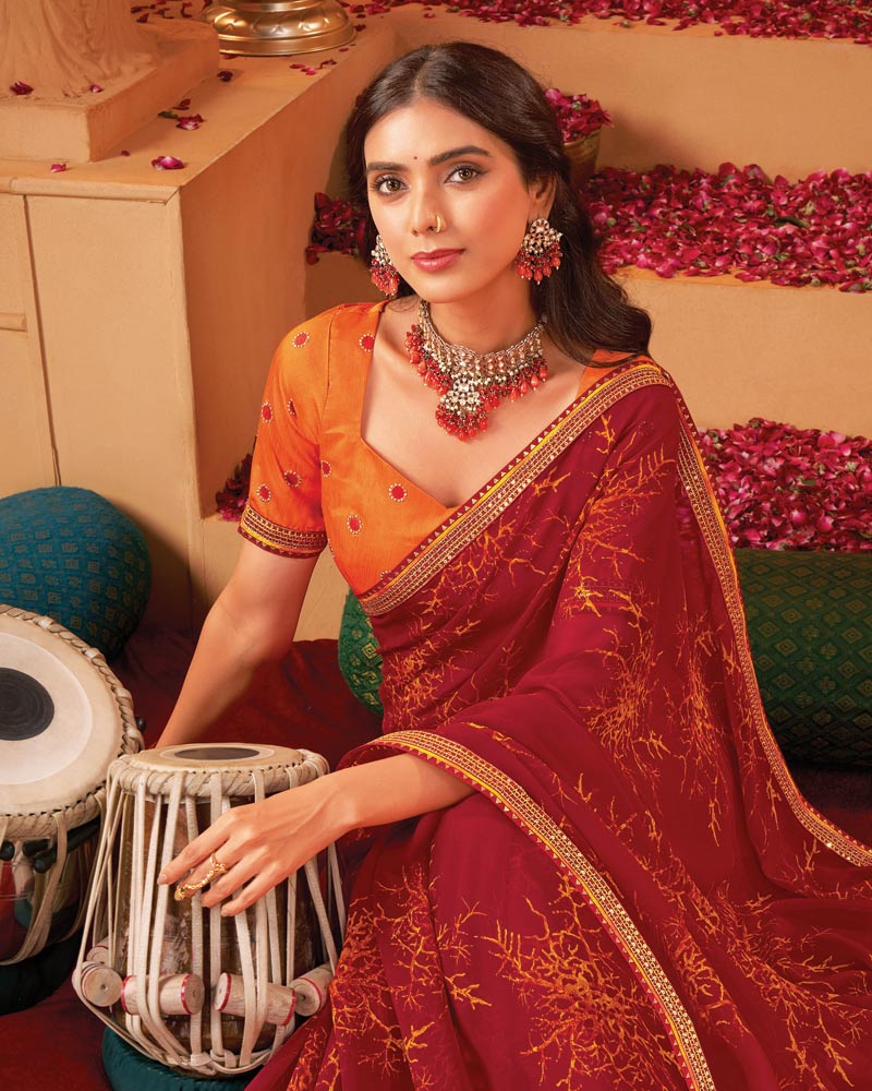 Vishal Prints Dark Paprika Red Printed Georgette Saree With Foil Print And Fancy Border