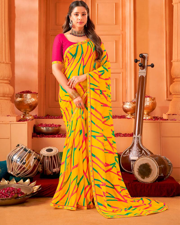 Vishal Prints Dark Burnt Yellow Printed Georgette Saree With Foil Print And Fancy Border